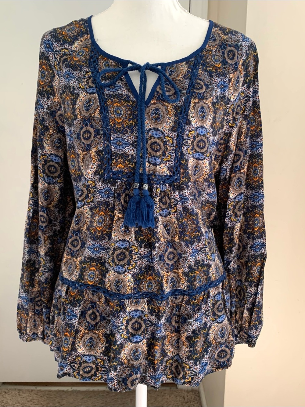 Daniel Rainn Peasant Blouse Bohemian Top Royal Blue Tassel Crochet Sz M